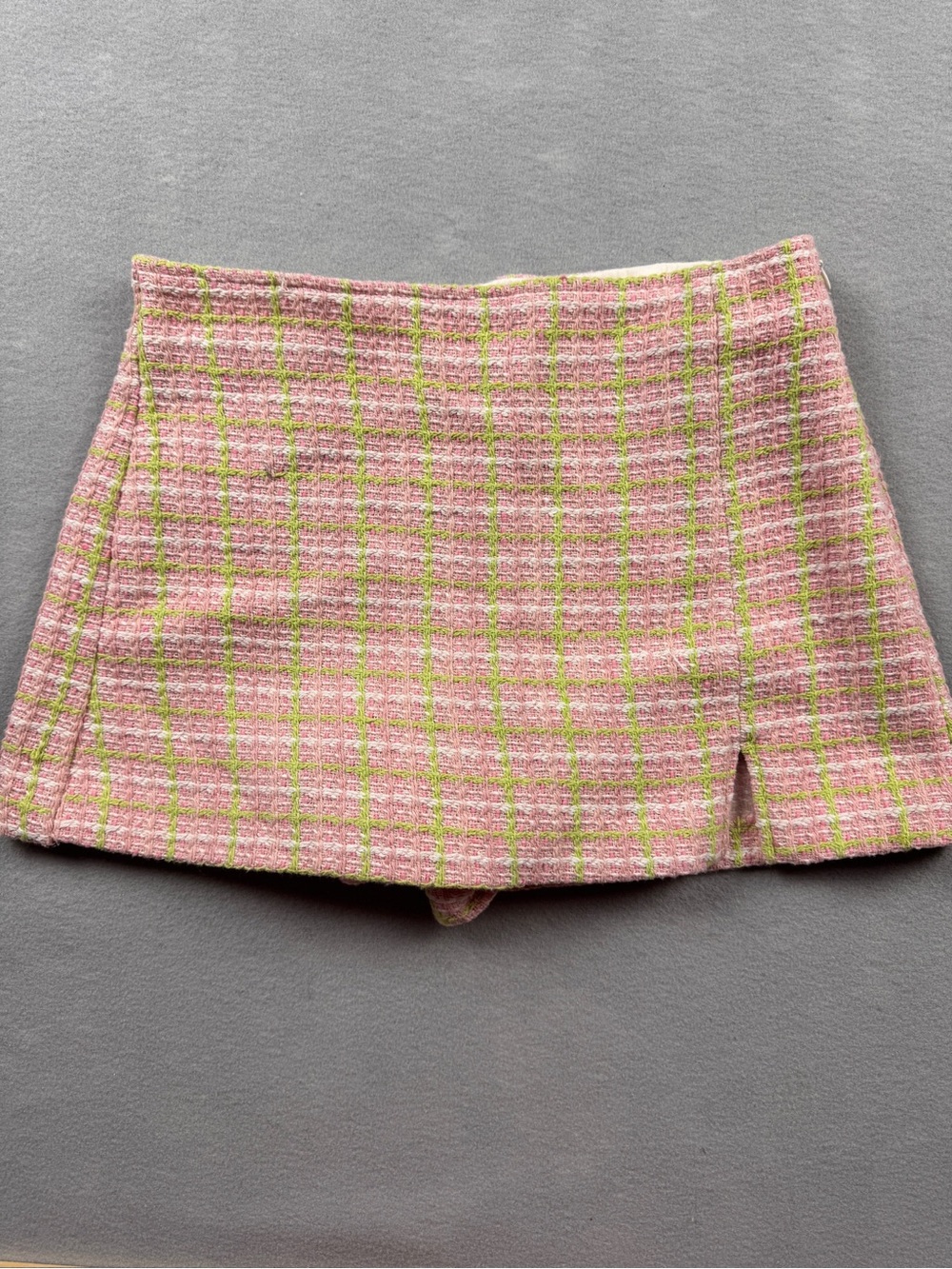 Zara Womens Small Pink W/ Green Gingham Tweed Mini Skort Split Hem Dressy Y2K